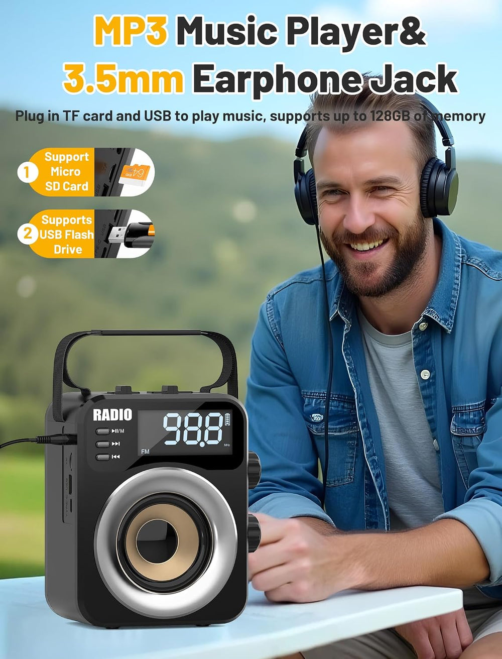Portable AM/FM/WB/SW Radio, 4000mAh Rechargeable & 3×D Cell Battery Powered