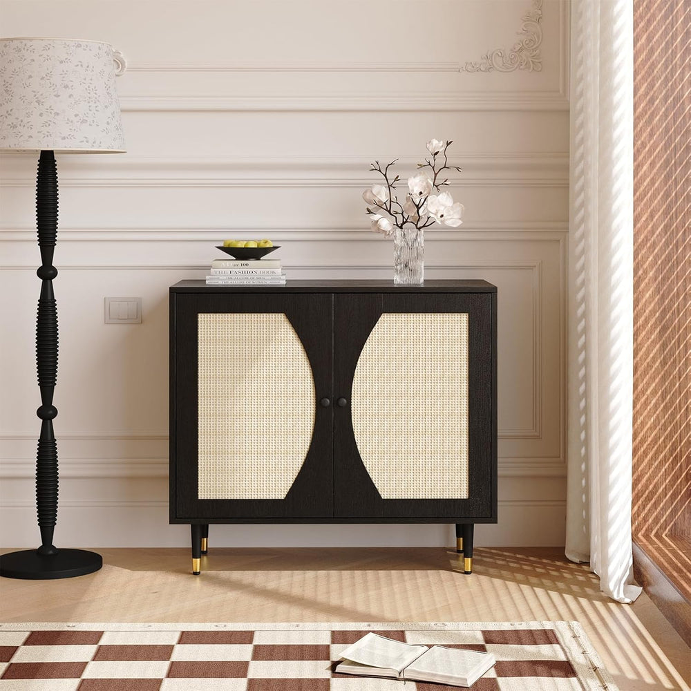 4ever2buy Rattan Buffet Cabinet with Storage, Black Sideboard Cabinet with Ra...