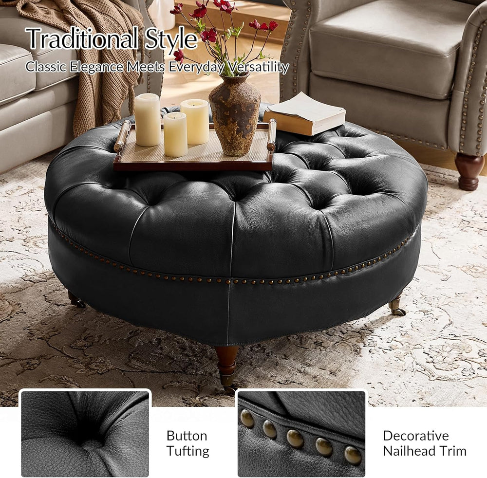 HULALA HOME 40" Genuine Leather Coffee Table, Large Round Button Tufted ...
