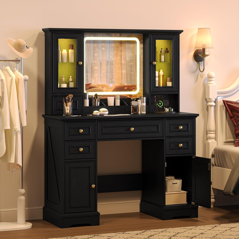 HUANLEGO Farmhouse Makeup Vanity Desk with Mirror and LED Lights, Black | Van...