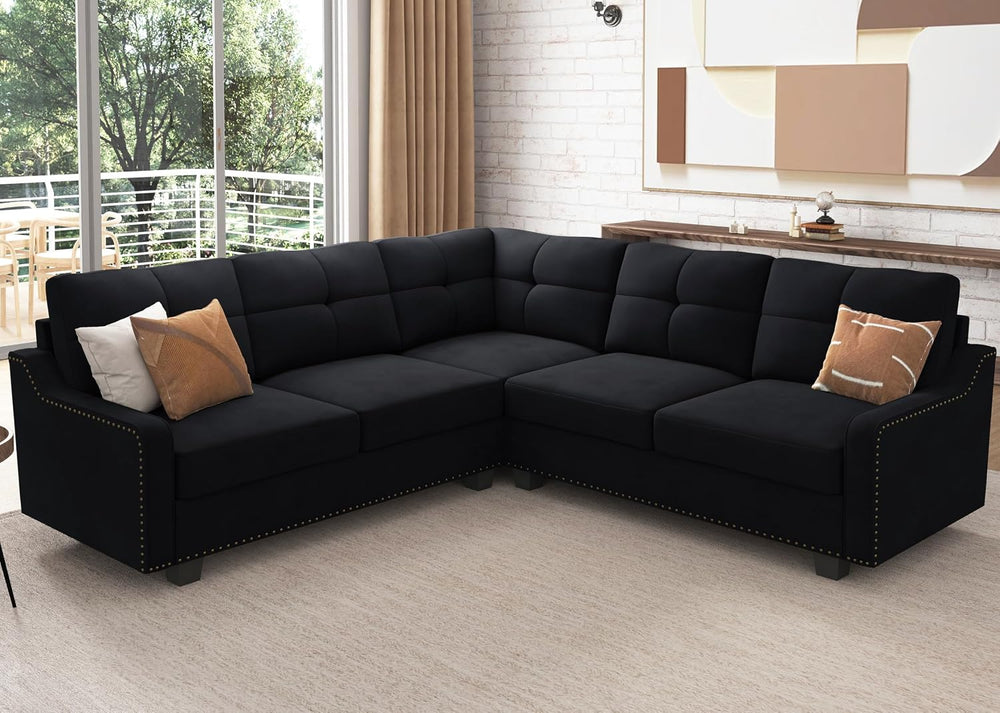 HONBAY Convertible Sectional Sofa L Shaped Couch,Velvet Black | Reversible Se...