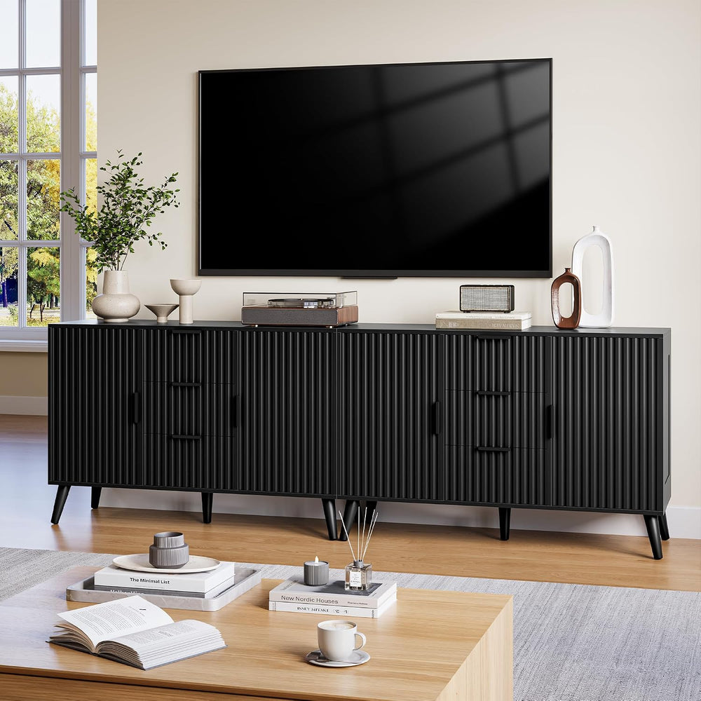 47.2" Fluted Sideboard Buffet Cabinet with 3 Drawers, Black Modern Buffe...