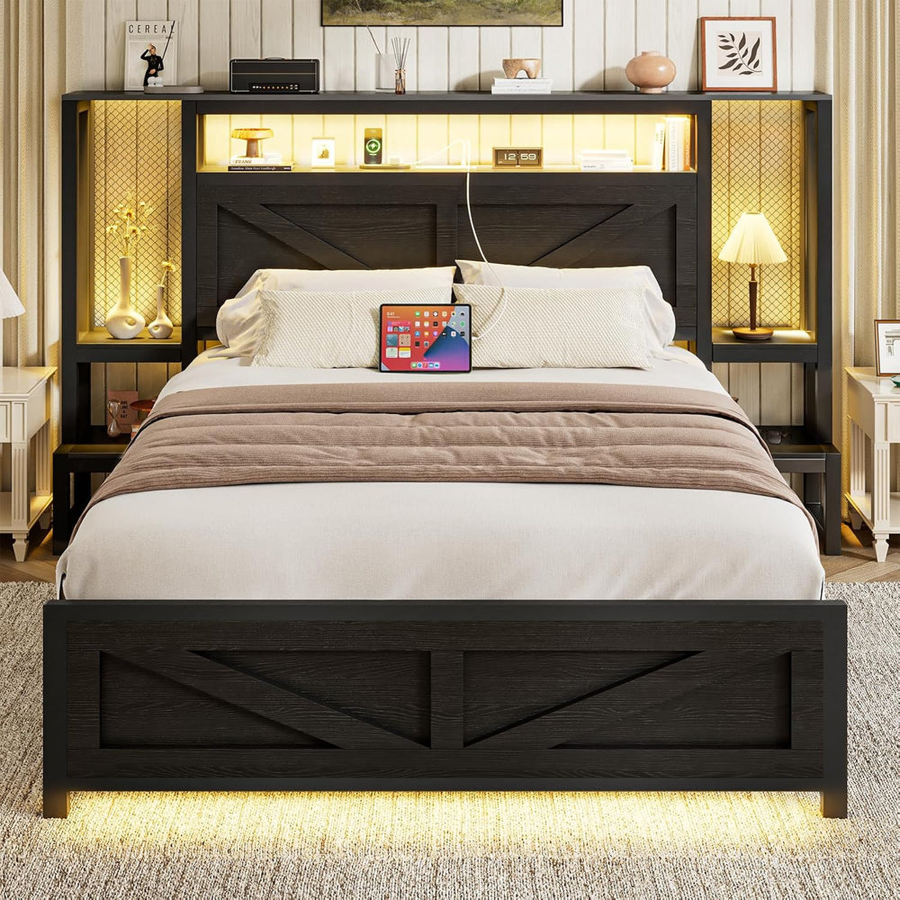 Queen Size Rustic Bed Frame with Storage Born Door Headboard and Bedside Stor...