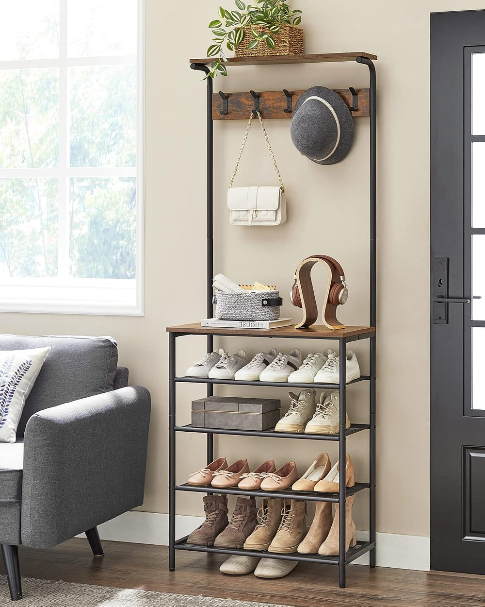 VASAGLE Hall Tree with Shoe Bench, 5-Tier Shoe Rack, 5 Dual Hooks