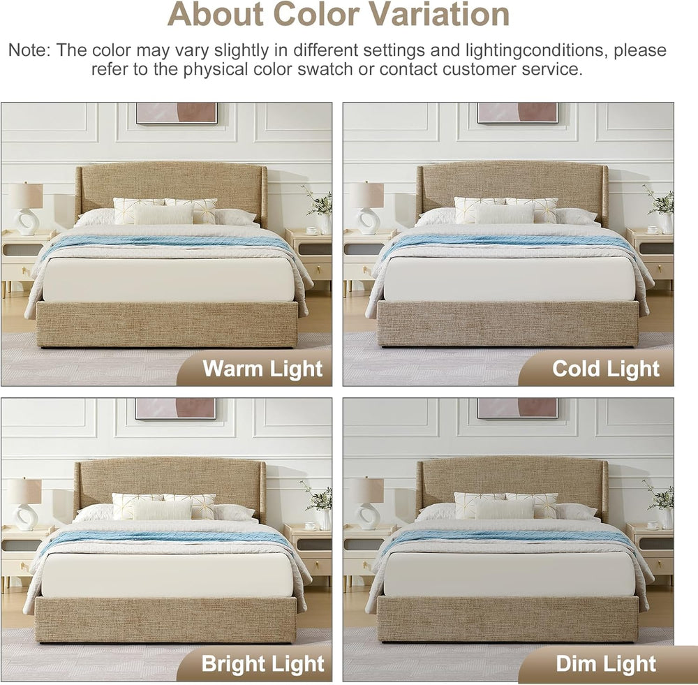 VELOCAVA Queen Storage Bed Frame with Curved Wingback Headboard, Linen-Look U...