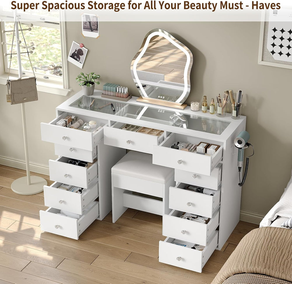 Yanosaku 47" Vanity Desk Without Mirror, Glass Top Makeup Vanity with 11...