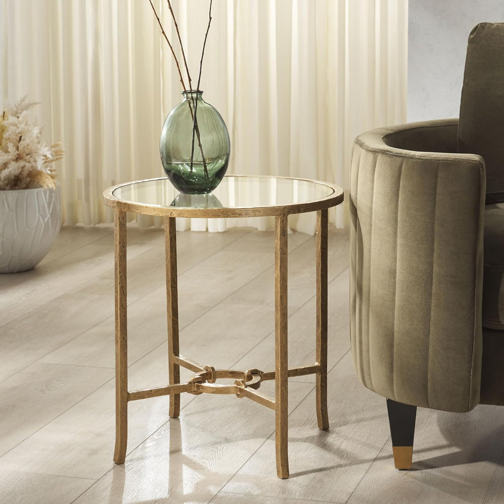 SAFAVIEH Couture Collection Tauri Brass Metal Glass Top Round Accent Table (F...