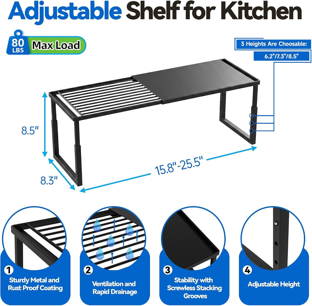 2 Packs Expandable Cabinet Shelf Organizer, Stackable Countertop Shelves