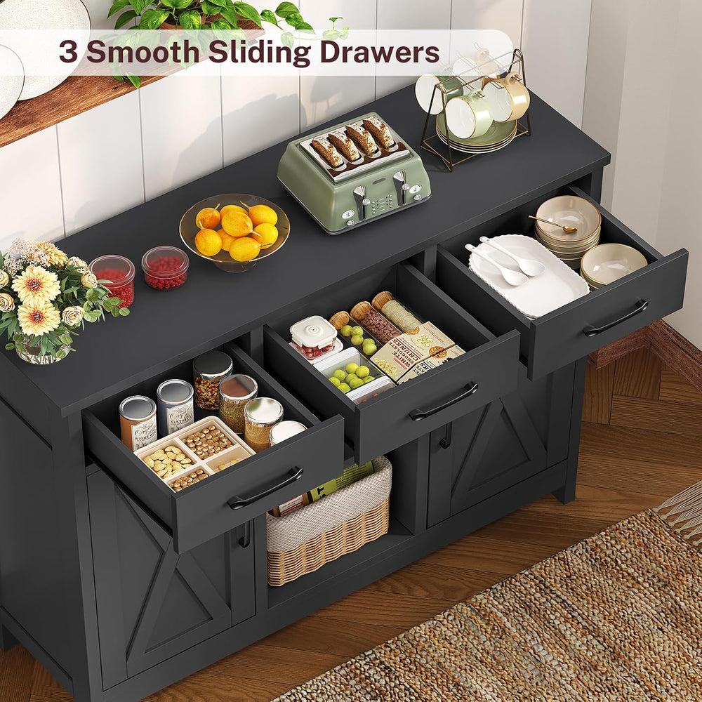 TEENFON Coffee Bar Cabinet with 3 Drawers, Farmhouse Buffet Cabinet