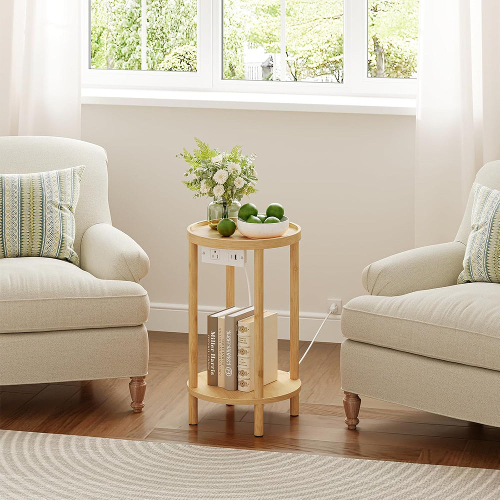 HOOBRO Small Round Side Table with Charging Station, 2-Tier Round Bamboo End ...