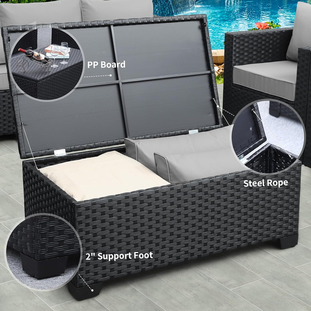 Rattaner Patio Coffee Table with Storage Wicker Outdoor Coffee Table and All-...