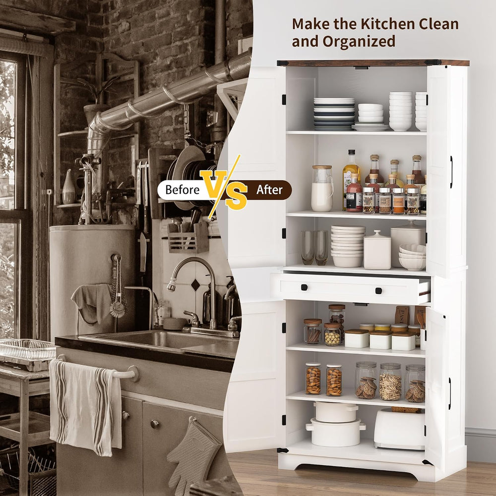 71" Tall Kitchen Pantry Storage Cabinet with Drawer & 4 Barn Doors, ...