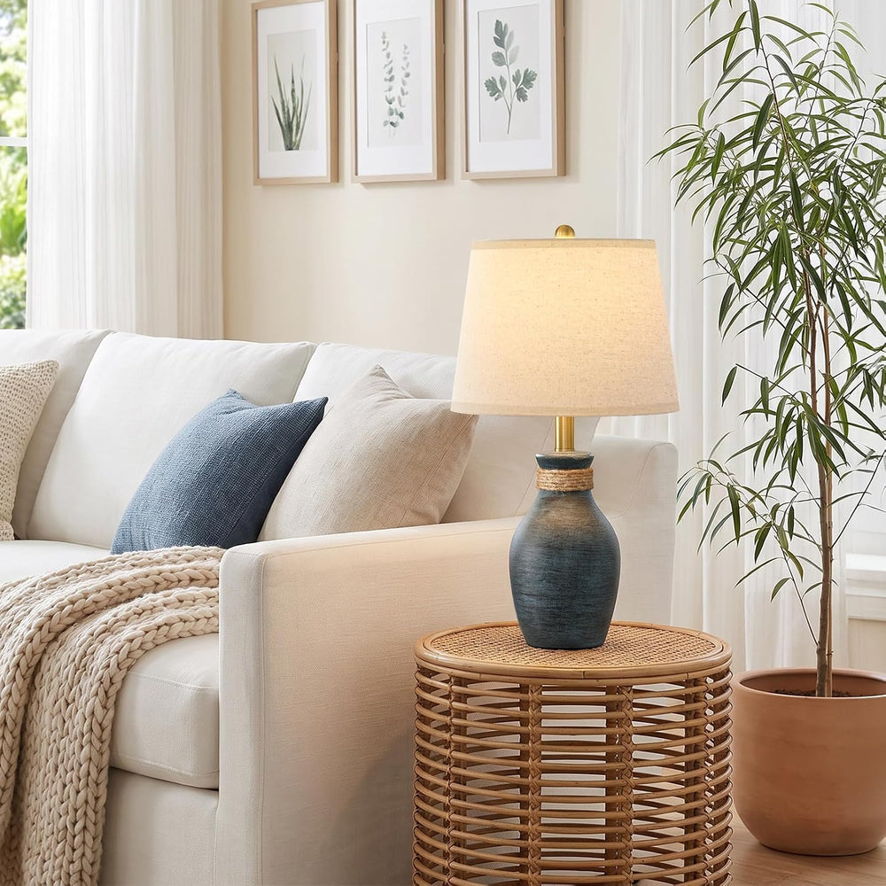 USumkky 22.5" Farmhouse Ceramic Table Lamp Coastal Bedside Lamp BlueโGrey