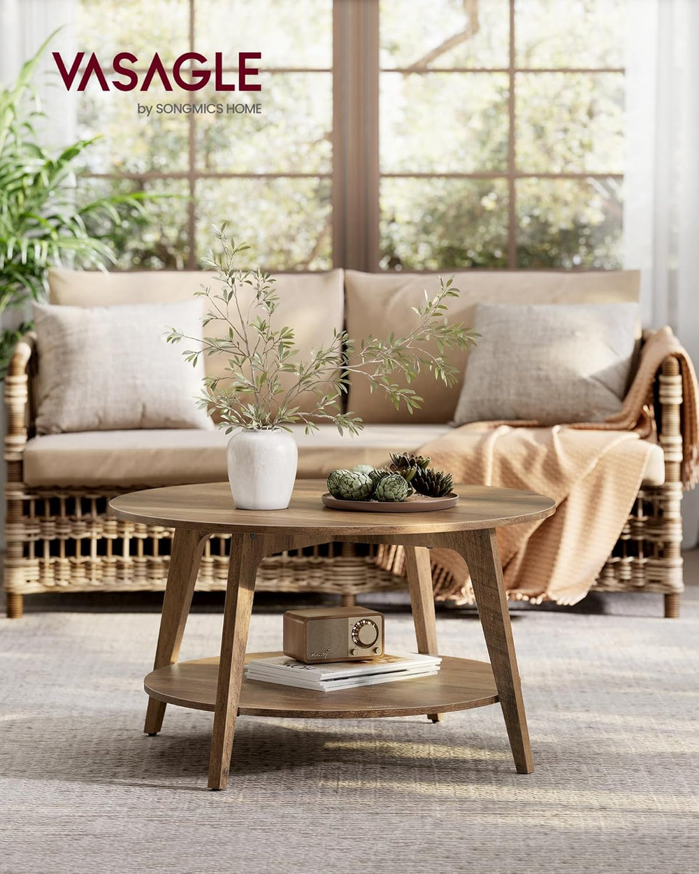 VASAGLE MAEZO Collection - Round Coffee Table, 2-Tier Center Table with Stora...
