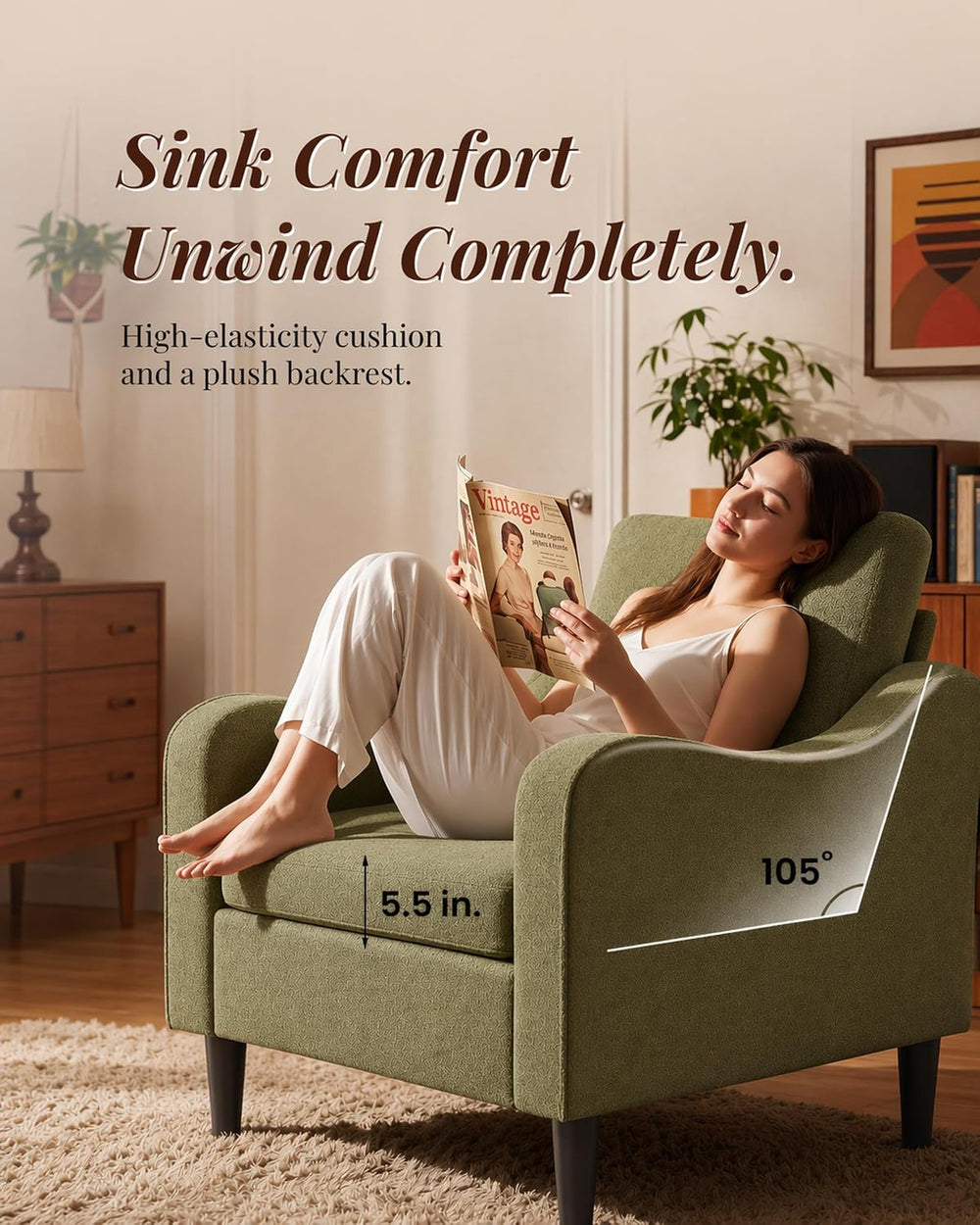 LEVELEVE Accent Arm Chair – Olive Green, Upholstered Scooped Comfy Reading Ch...