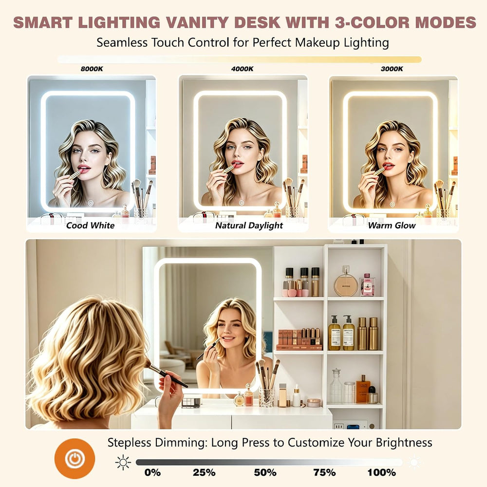 BZK White Makeup Vanity Desk with LED Lighted Mirror & Charging Station, ...