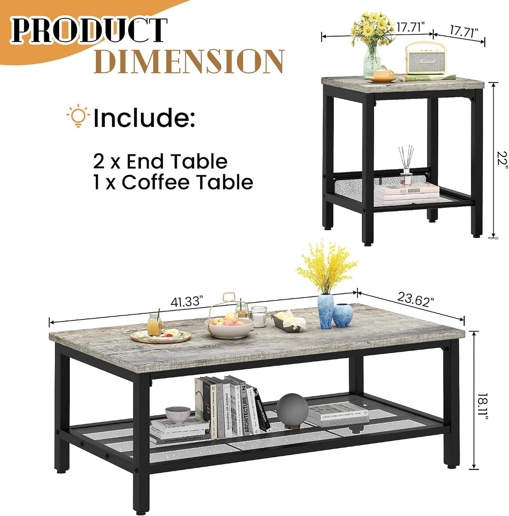 Recaceik 3-Piece Living Room Coffee Table Set, Industrial Coffee Table with 2...