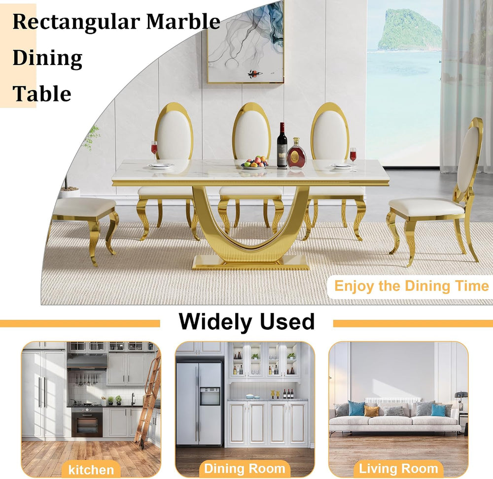 70" White Marble Dining Table, Luxury Kitchen Table for 6 8, Large Recta...