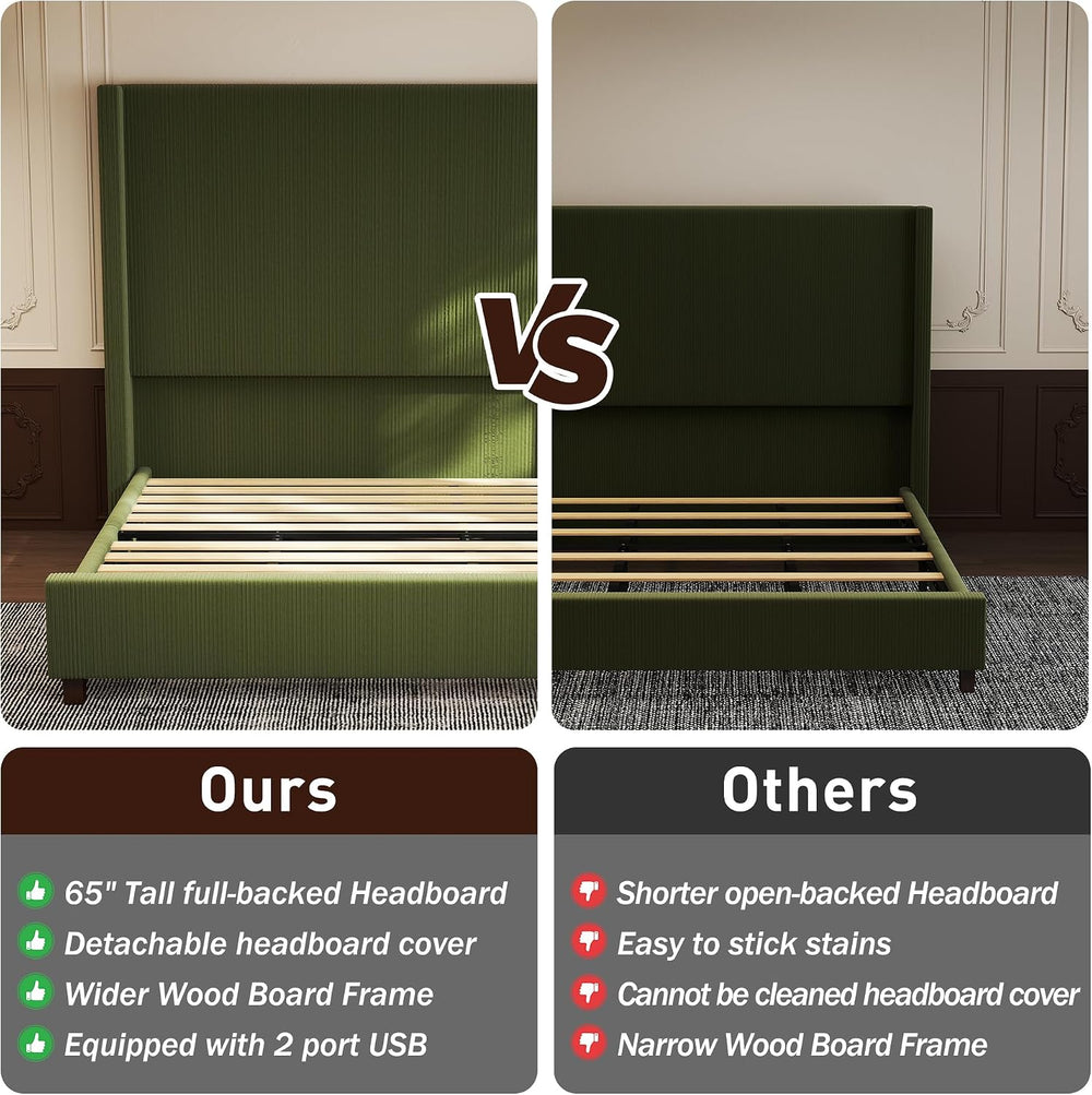 Queen Size Corduroy Upholstered Bed Frame with 65" Tall Headboard,USB Ch...
