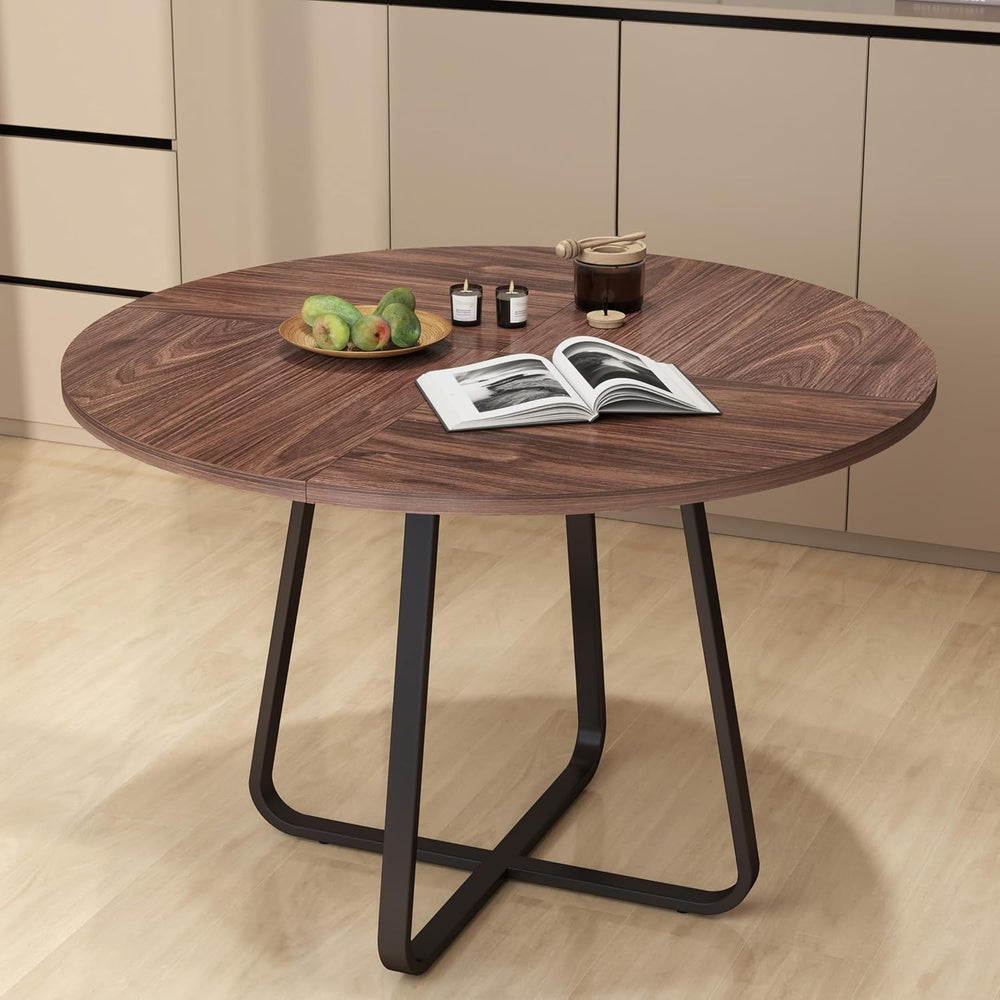 43.31'' Round Dining Table, Wood Kitchen Table with Metal X-Shaped Ba...