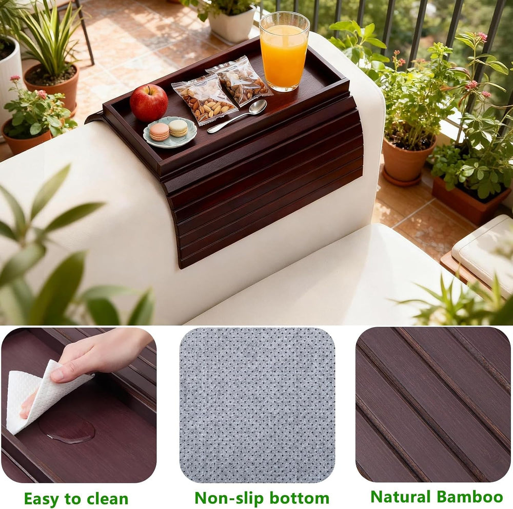 Bamboo Couch Arm Tray Table, Foldable Sofa Rest with Non-Slip Base Portable A...