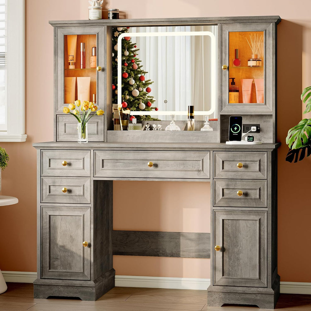 Xixini 43.3" Farmhouse Vanity Desk with LED Mirror, RGB Cabinets, Grey |...