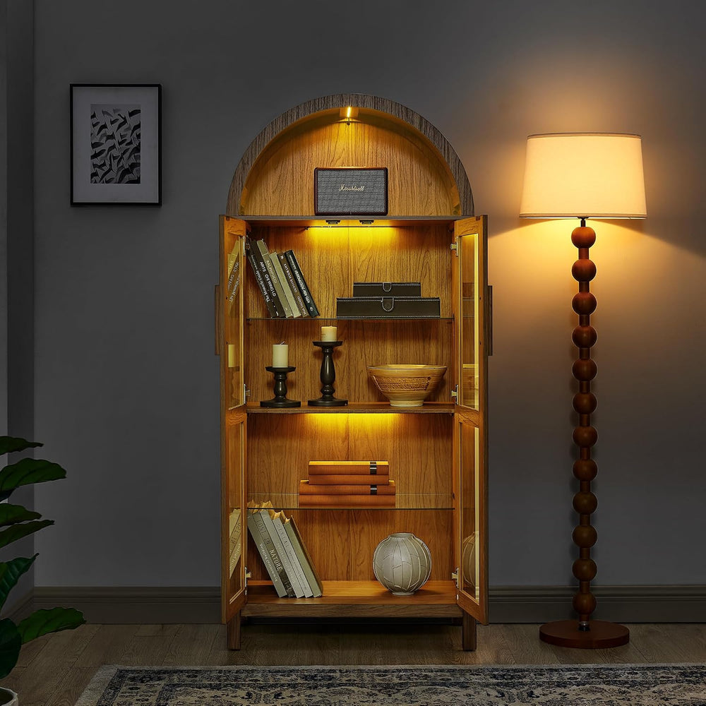 JIJIWANG Tall Wooden Arched Cabinet,LED Arched Kitchen Pantry Cabinet with Do...