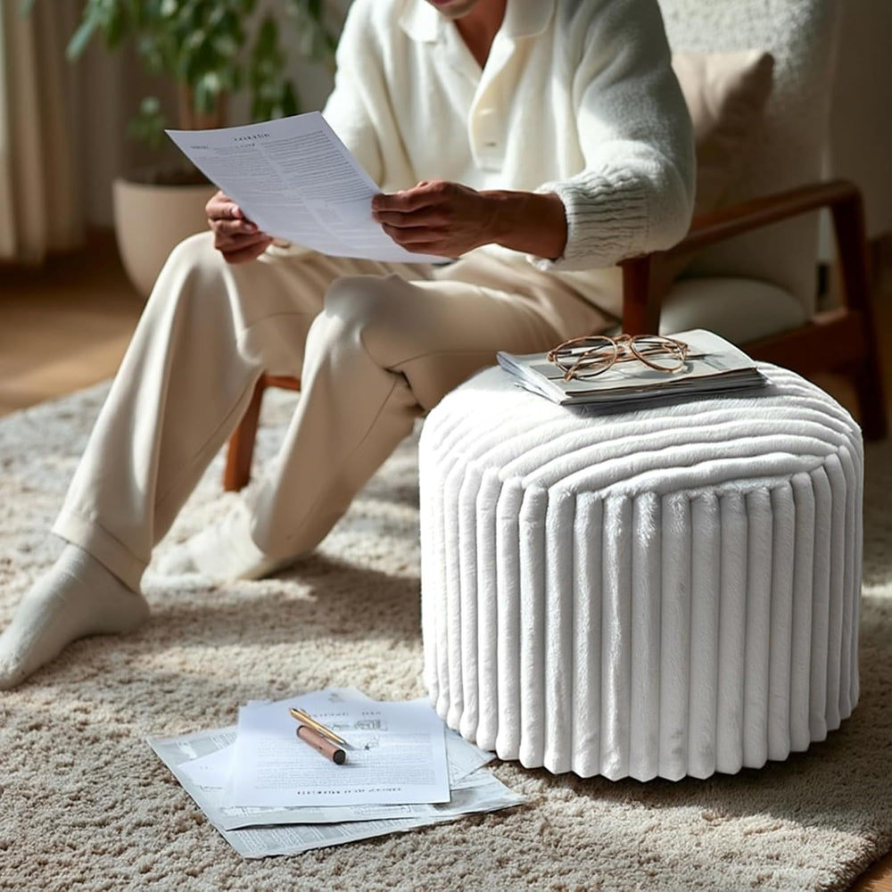 Round Stuffed Pouf Ottoman, Stripe Faux Fur Footrest, Solid Block Support+Sof...