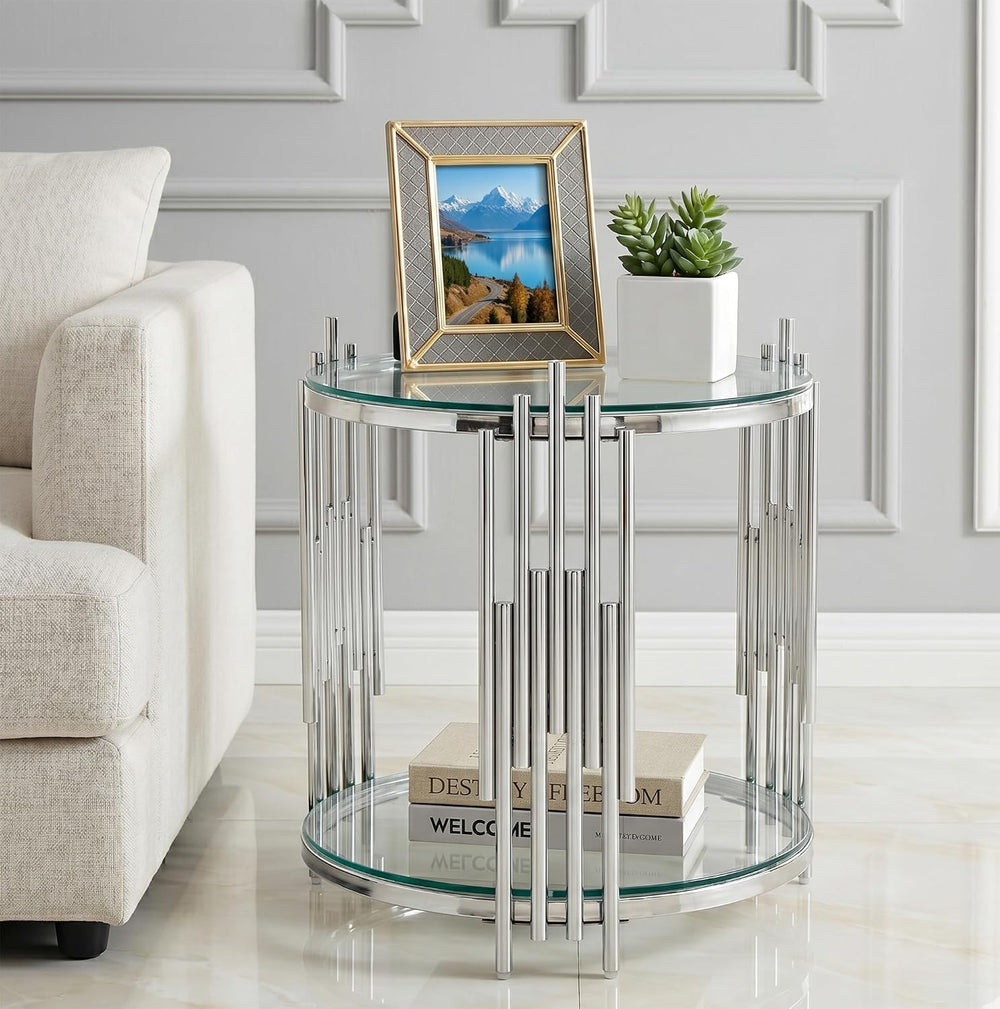19.69” Round Glass End Table, 2-Tier Side Table with Clear Tempered Glass Top...