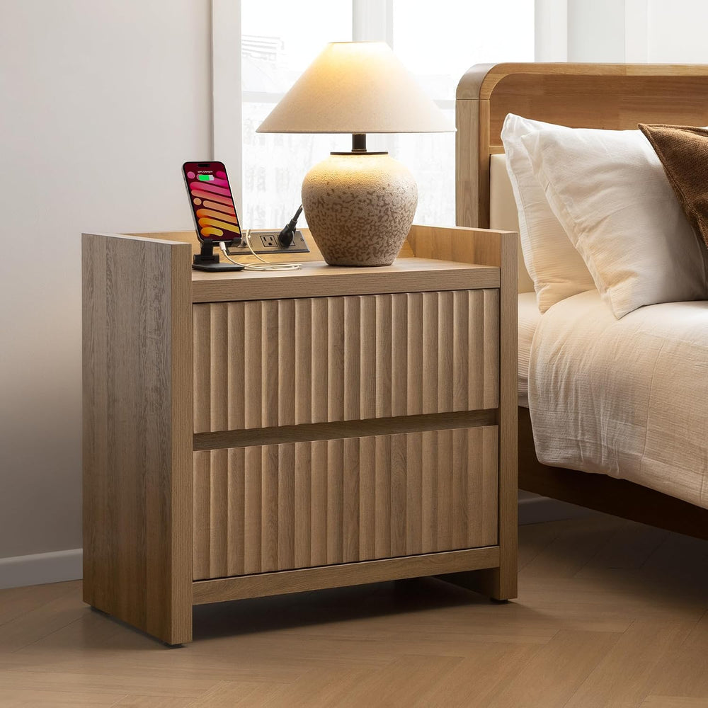 SICOTAS Night Stand Set 2 with Charging Station, Fluted Nightstands | Large M...