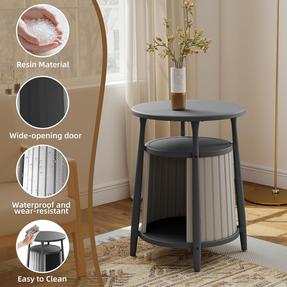 ROJIK End Table with Storage, Round Side Table for Indoor Outdoor Use, All-We...