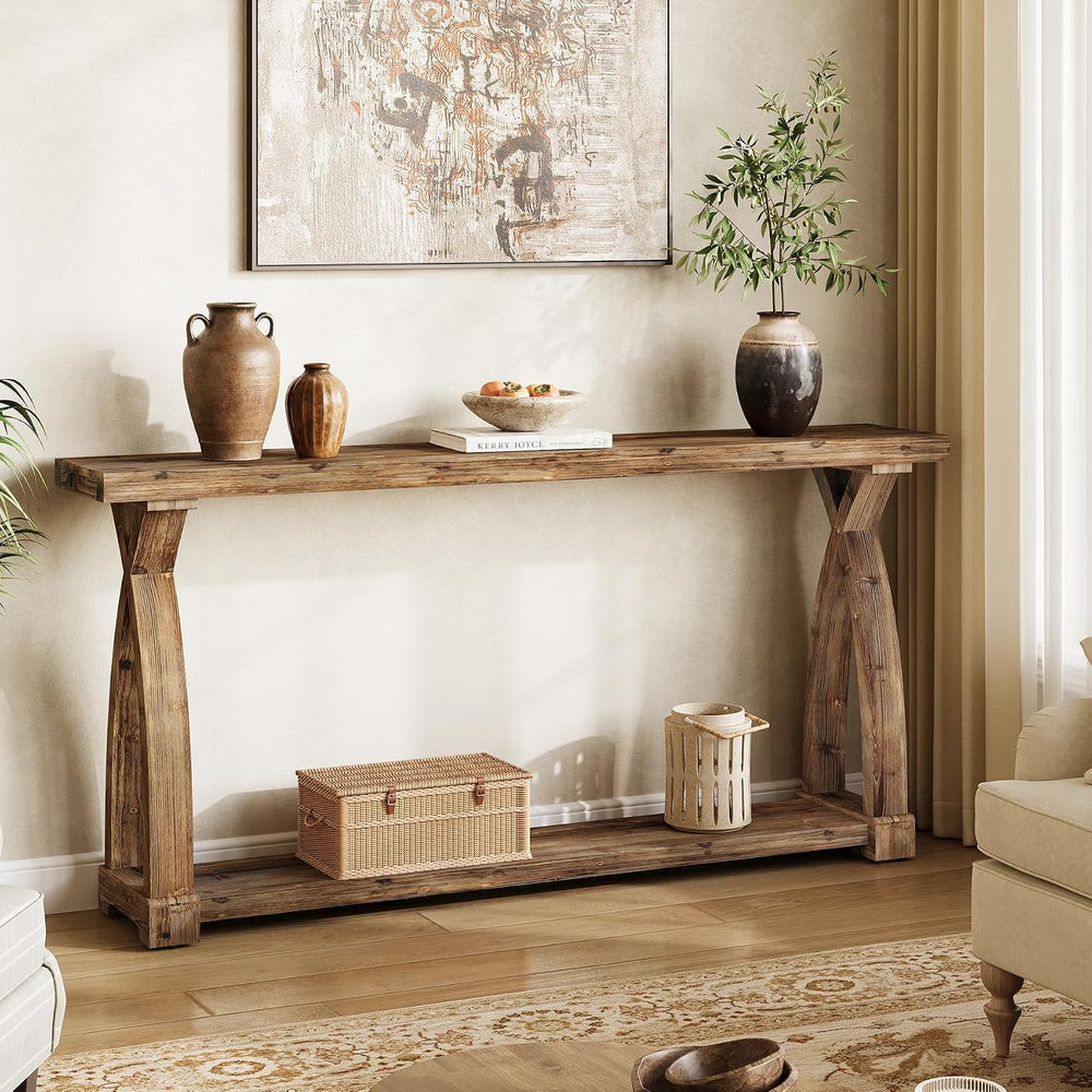 Solid Wood Console Table for Entryway, 63-Inch Narrow Farmhouse Couch Table B...