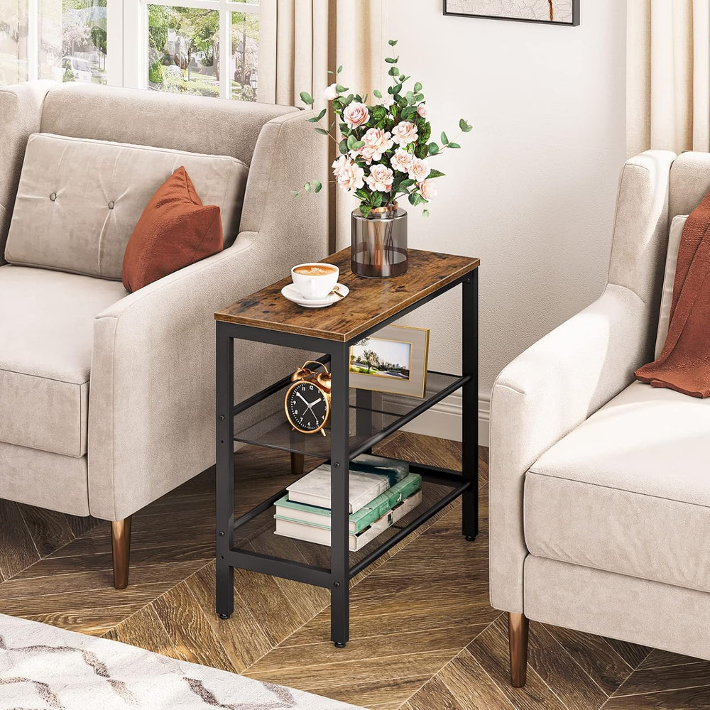 HOOBRO End Table, 3-Tier Narrow Side Table, Nightstand with 2 Flat or Slant A...
