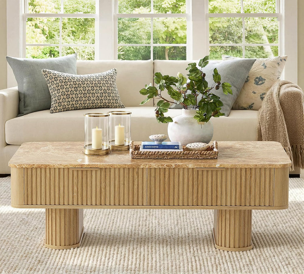win2win Rectangle Coffee Table with Storage, Faux Marble Top, Boho,Oak