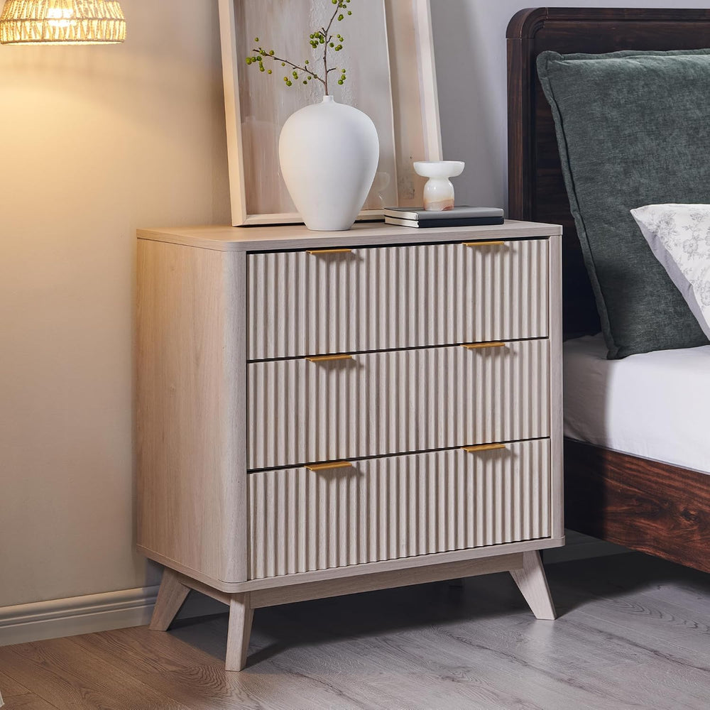 T4TREAM 32" Large Fluted Nightstand with 3 Drawers, White Alder | Oversi...
