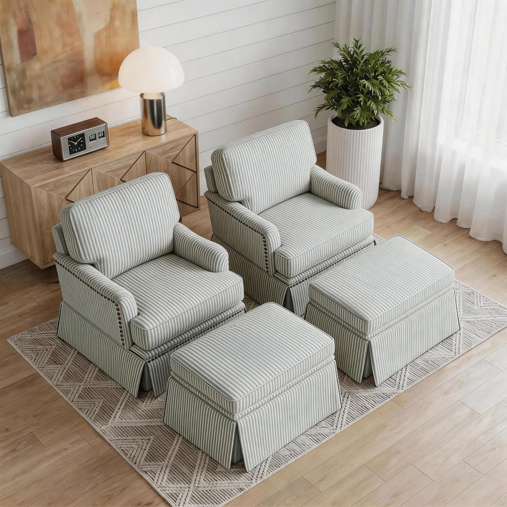 Swivel Accent Chairs Set of 2 with Ottoman, Pinstripe Green