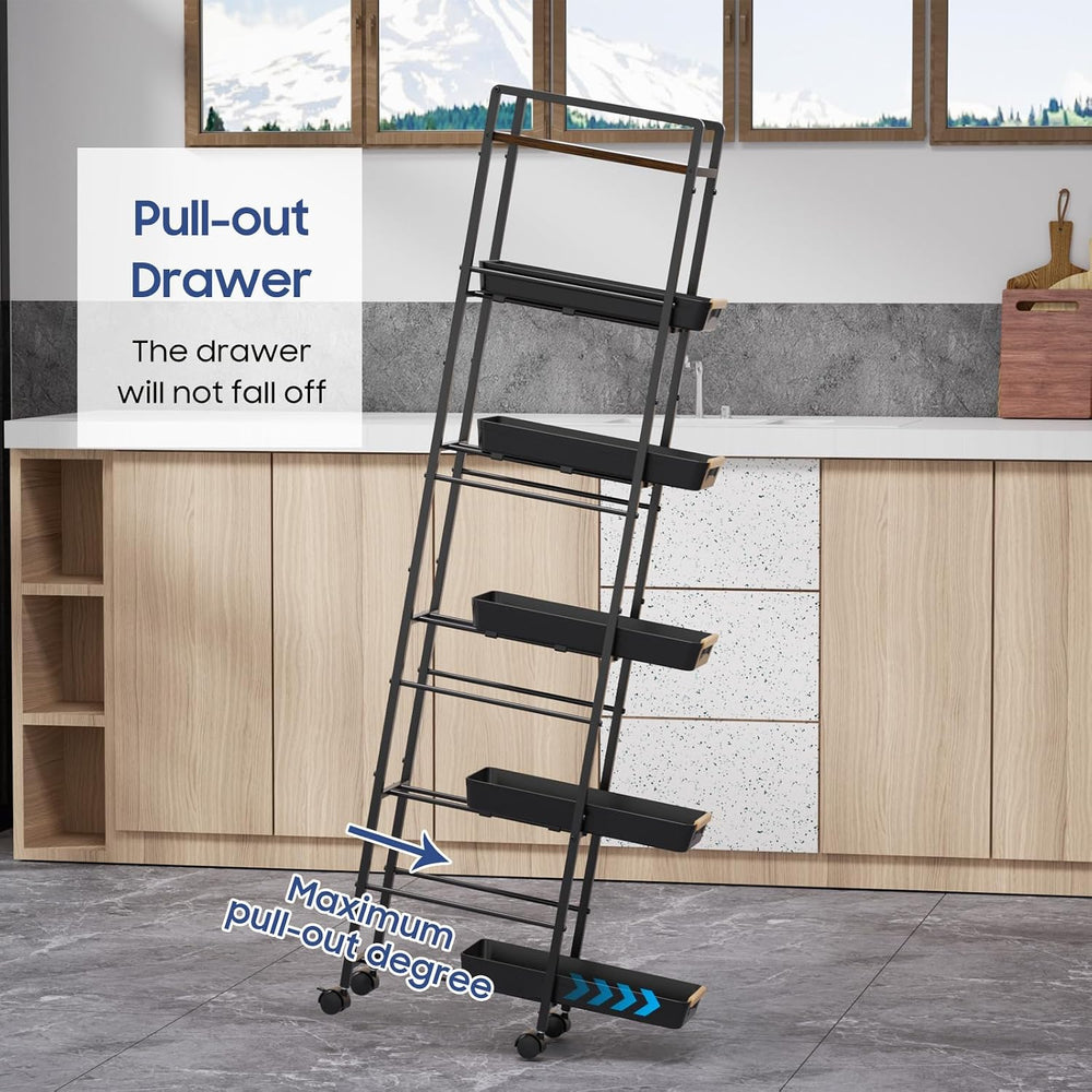 6 Tier Slim Storage Cart with Pull-Out Baskets Rolling Cart with Wheels Wood ...
