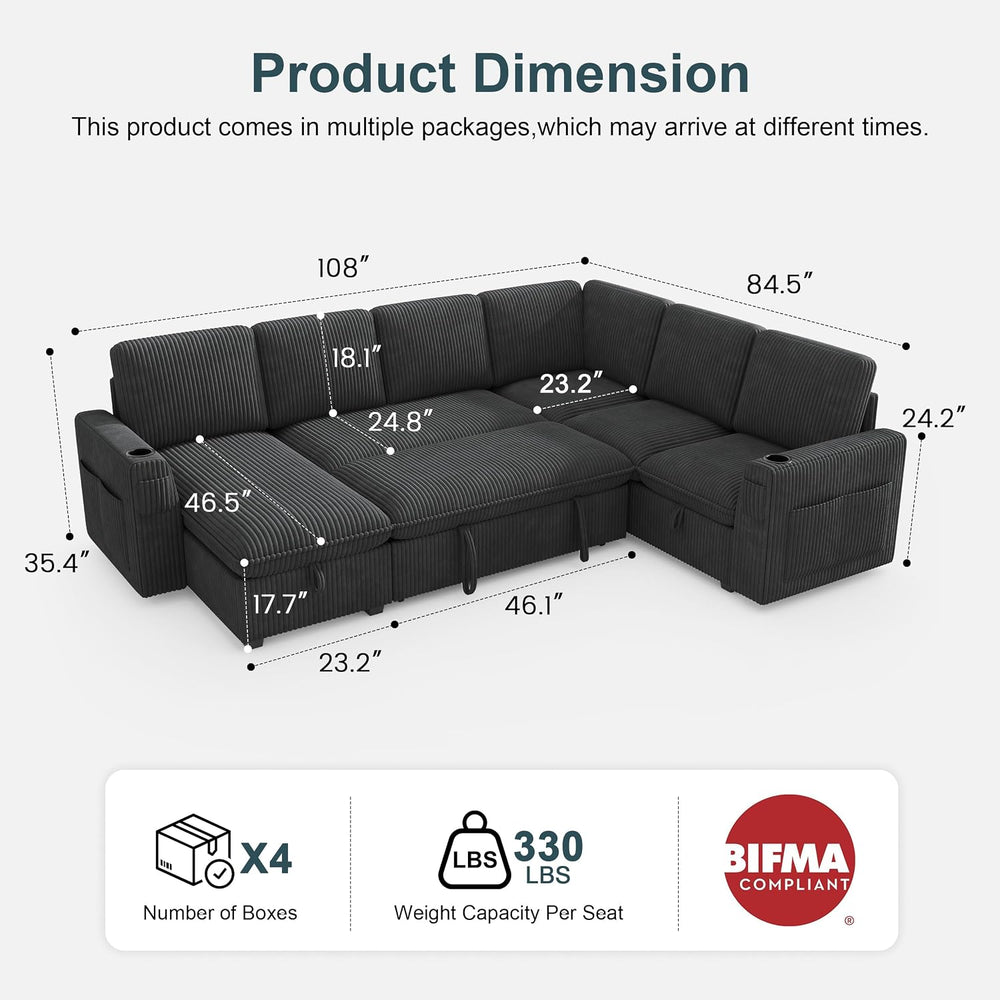 Sectional Sleeper Sofa with Pull Out Bed, Plush Corduroy 7 Seat Modular Secti...