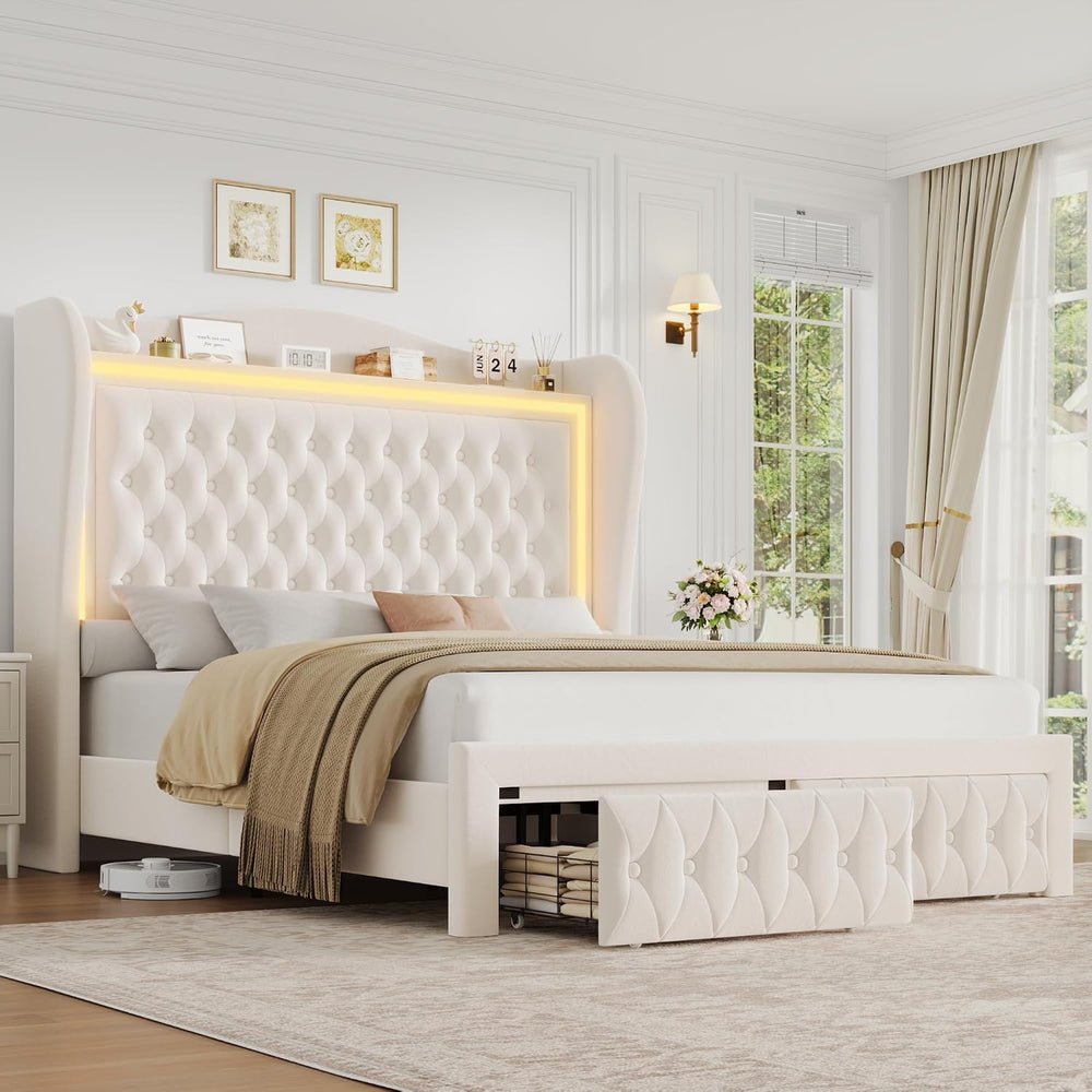 King Bed Frame 55" Tall Headboard with LED Lights, Buttons Tufted Velvet...