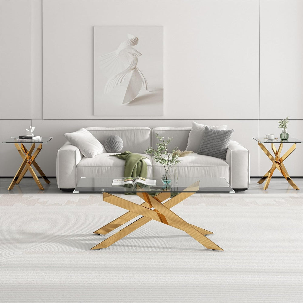 AF ARTISAN FURNITURE Gold Glass Coffee Table and End Table Set of 3, Coffee T...