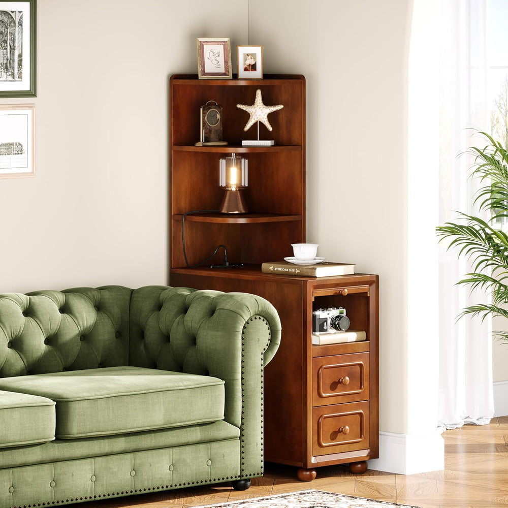 Solid Wood End Table with Charging Station and Reversible Corner Shelves, Tal...