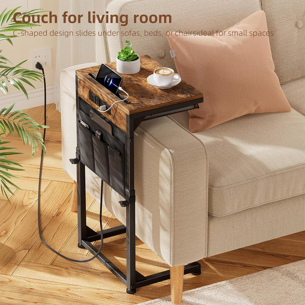 Simple Trending Side Table, C Shaped End Table with Charging Station, Couch T...