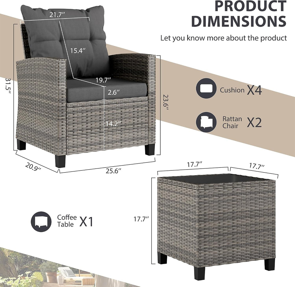 Vongrasig 3 Piece Patio Furniture Set Small Outdoor Wicker Rattan Front Porch...