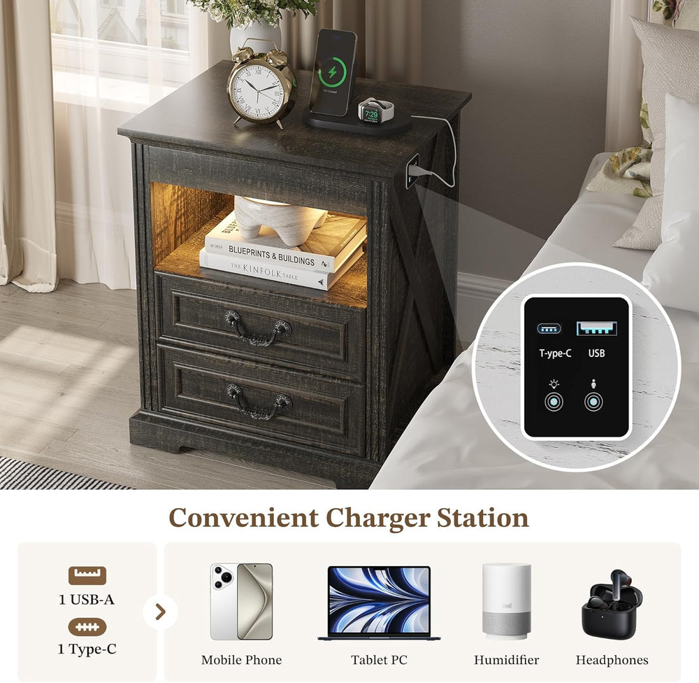 Nightstand Set 2 with Gun Drawer, Farmhouse Night Stand with LED Lights and H...