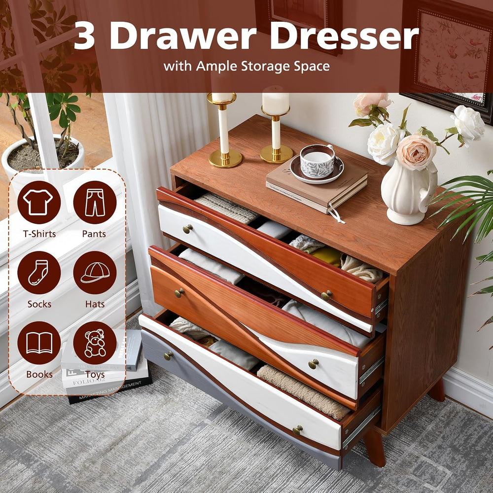 3-Drawer Dresser with Sculpted Wave Fronts, Tri-Color Drawer Design, Modern C...