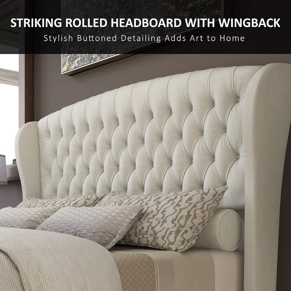 AMERLIFE Queen Size Upholstered Sleigh Bed Frame with Wingback Headboard