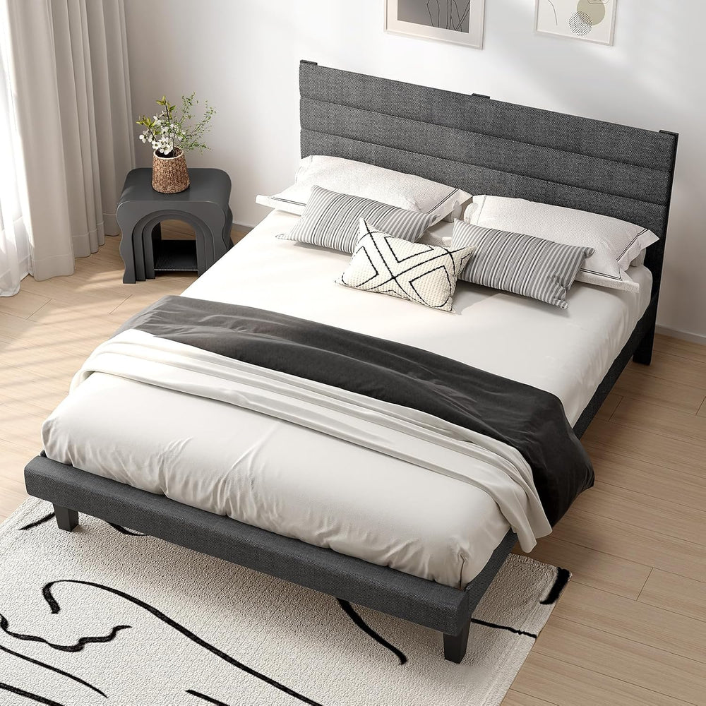 VINGLI Full Upholstered Platform Bed Frame with Headboard,Linen Dark Gray