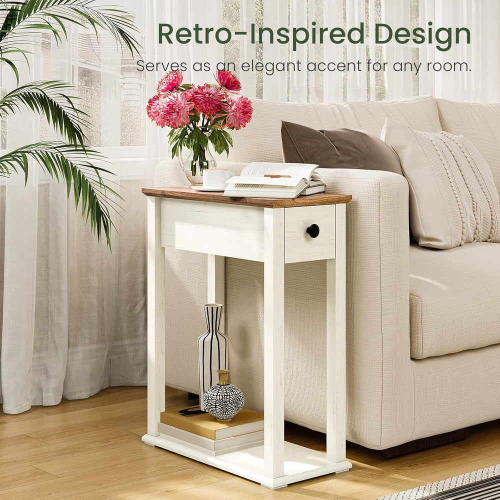 CHOEZON Farmhouse End Table, 2-Tier Narrow Side Table with Drawer, Wooden Nig...