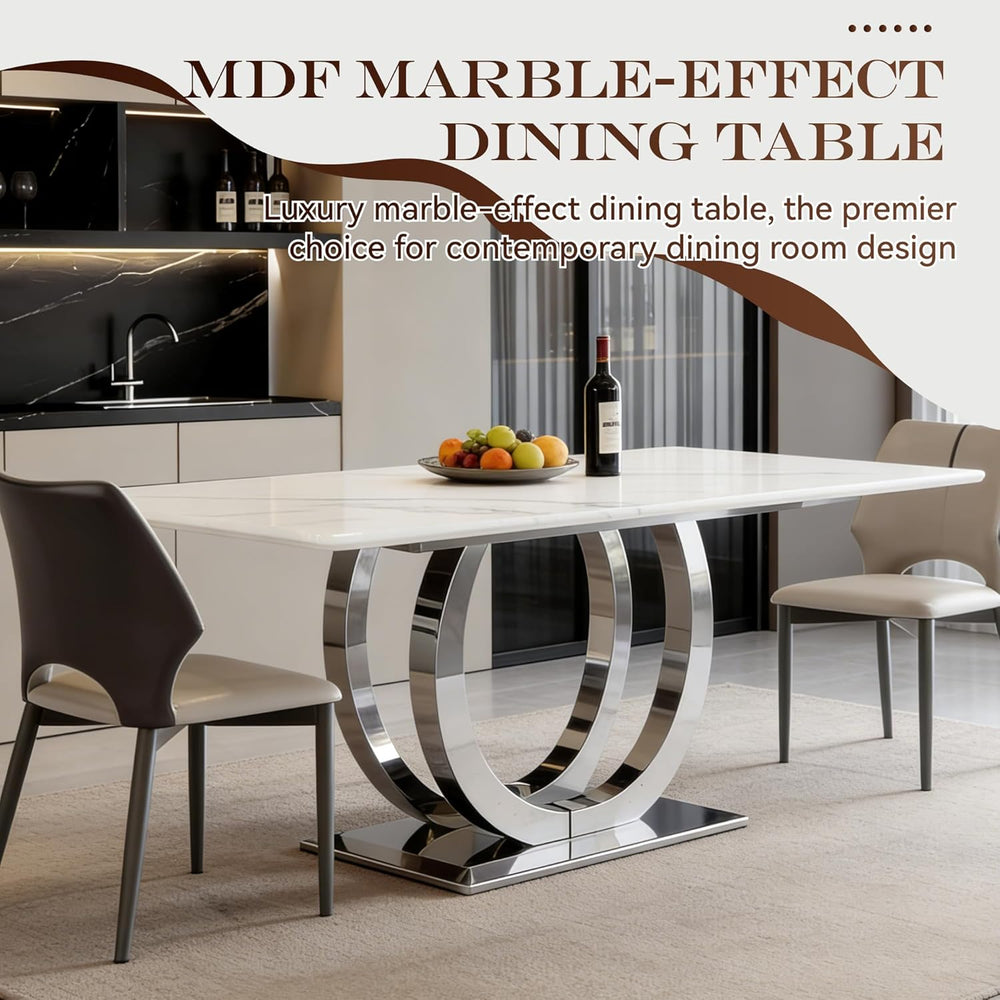 69.3" White Marble Dining Table for 6-8, Luxury Rectangular Kitchen Tabl...