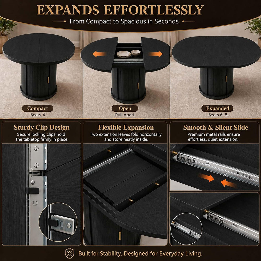 47-63" Extendable Round Dining Table with Storage for 4-6 Person, Fluted...
